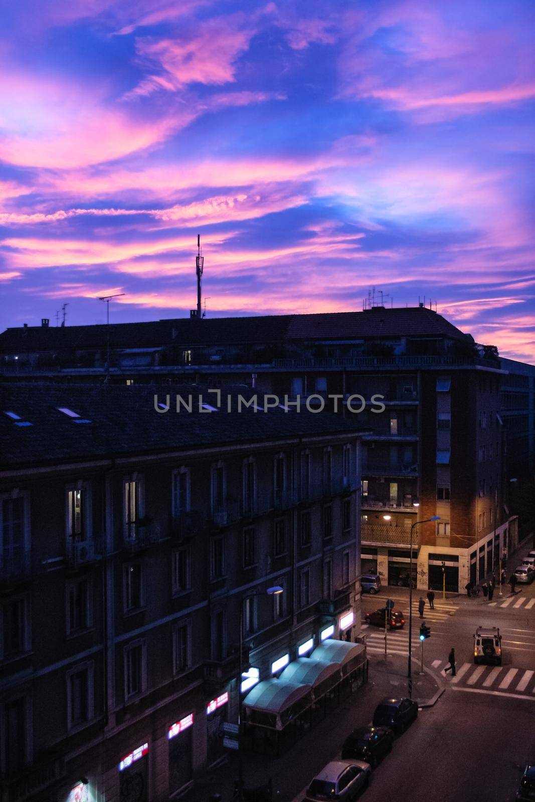 View of the purple sky on Milan in the evening