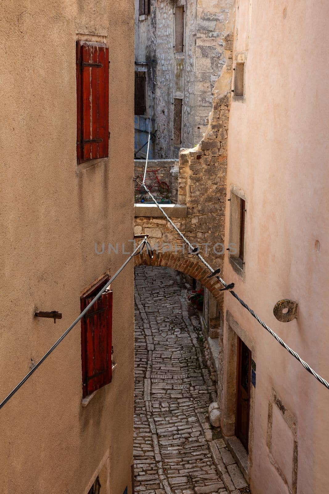 View of typical istrian alley in Valle - Bale. Istria, Croatia