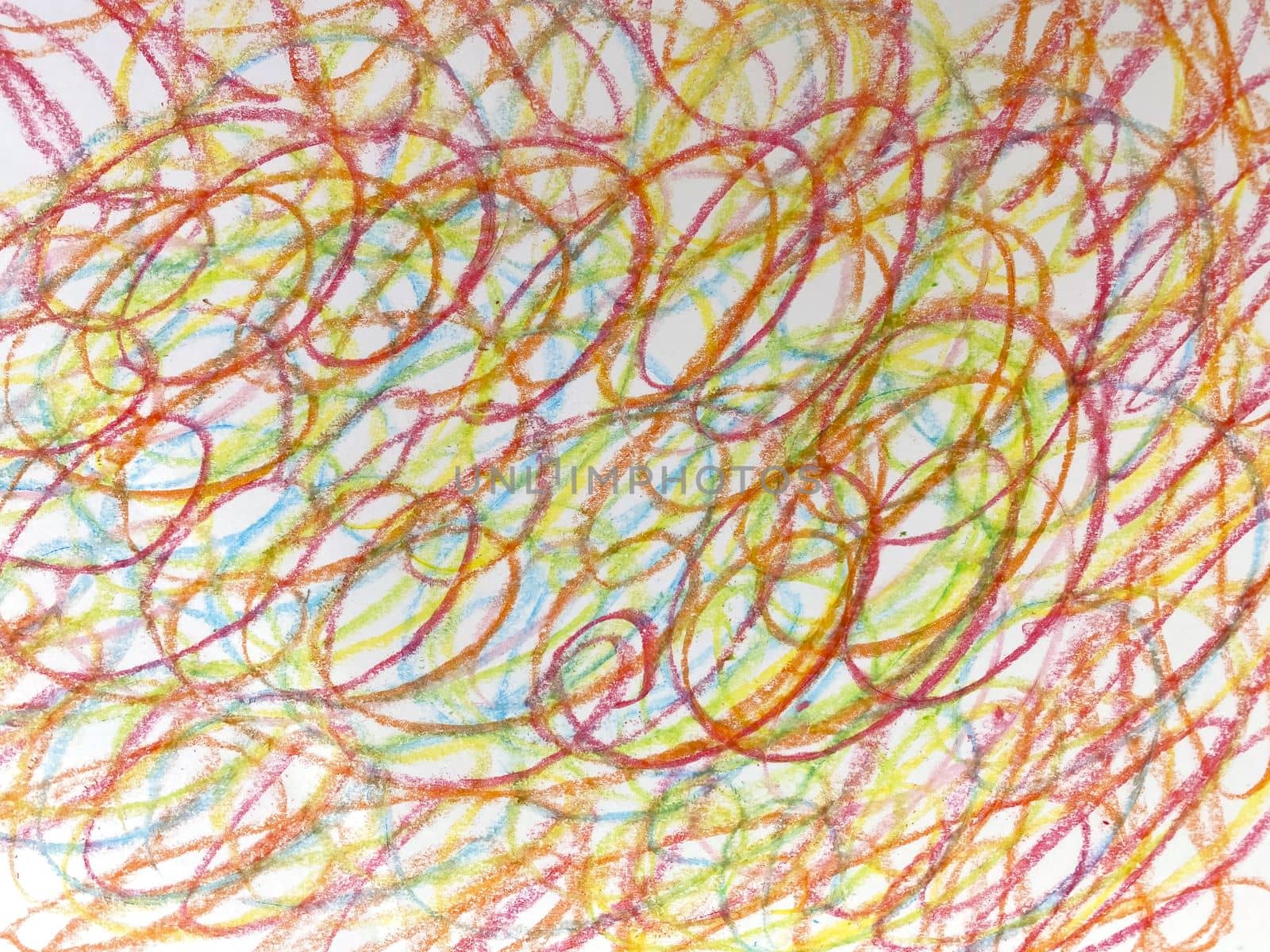 Texture, background, doodle. Children's drawings with colored crayons on white paper.