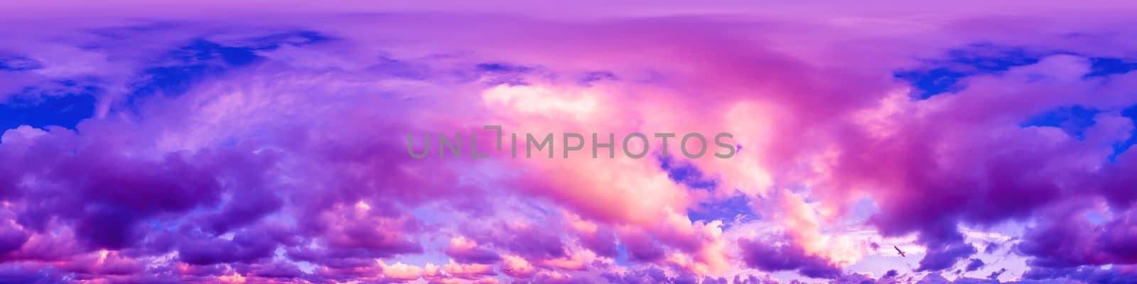 Dramatic magenta sunset sky panorama with Cumulus clouds. Seamless hdr 360 pano in spherical equirectangular format. Complete zenith for 3D visualization, game and sky replacement for aerial drone panoramas.