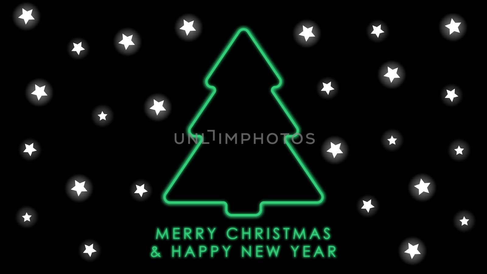 Happy New Year, postcard. Neon green Christmas tree and stars on a black background. Holiday postcard design.