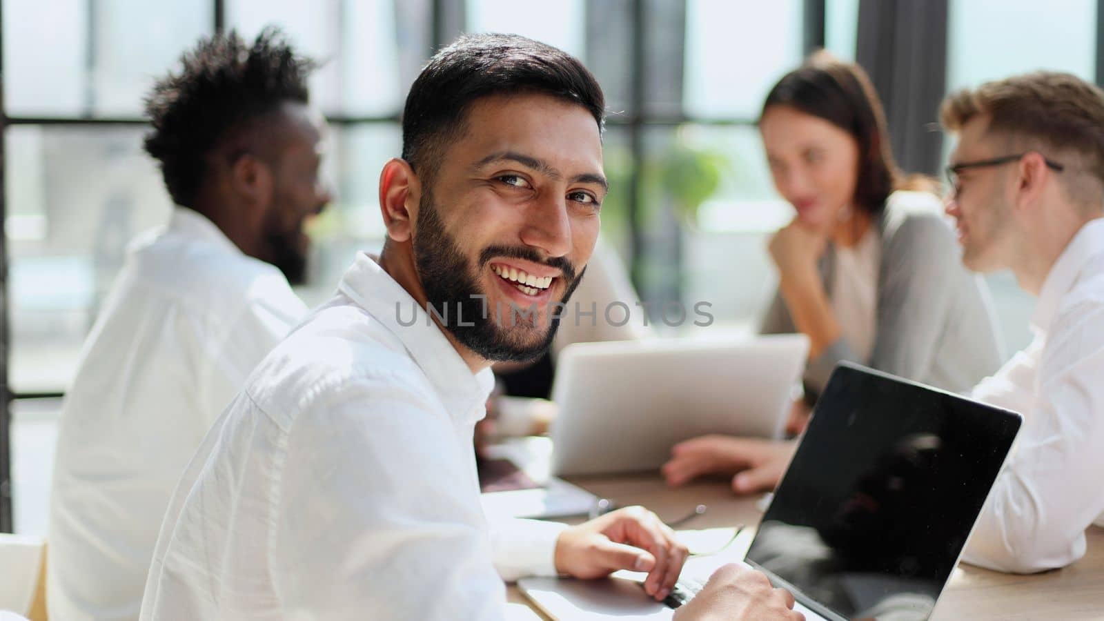 Successful company with happy workers. employees group team portrait