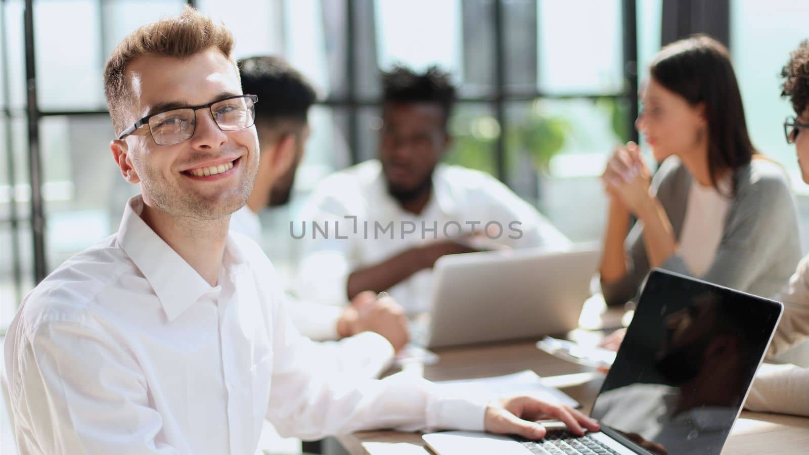 Successful company with happy workers. employees group team portrait