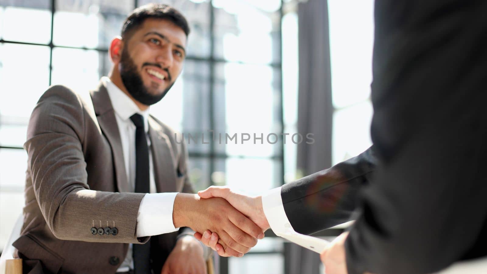 Successful business people handshaking after good deal.