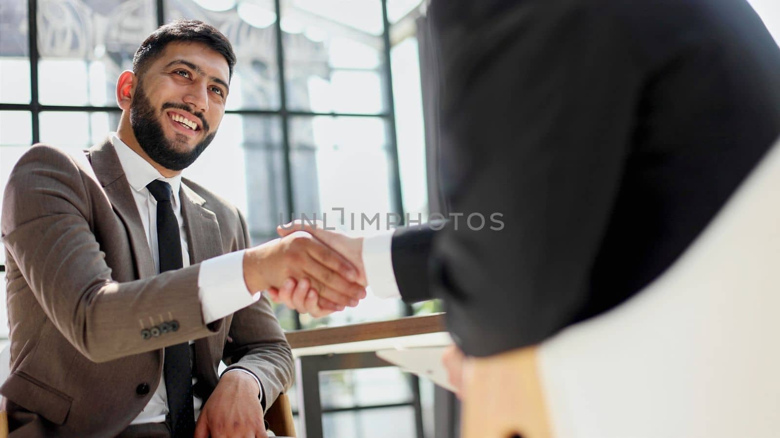 Successful business people handshaking after good deal.