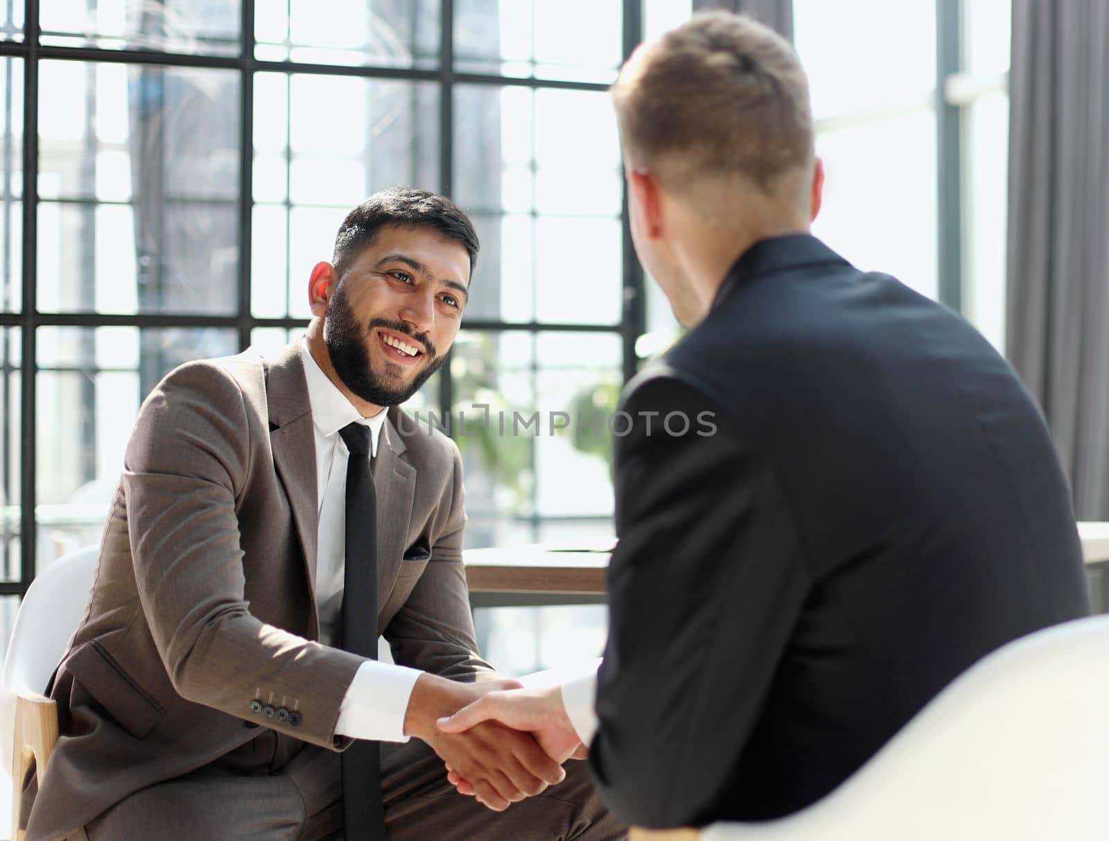 Successful business people handshaking after good deal.