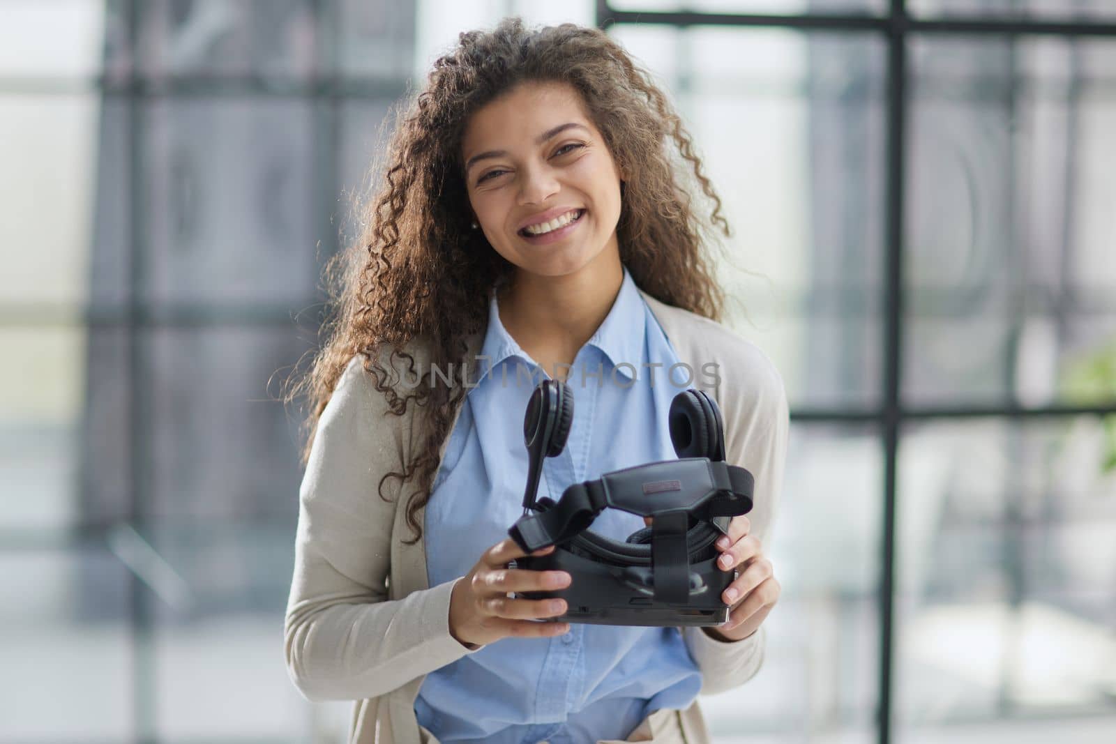 Girl trying to touch objects in virtual reality.