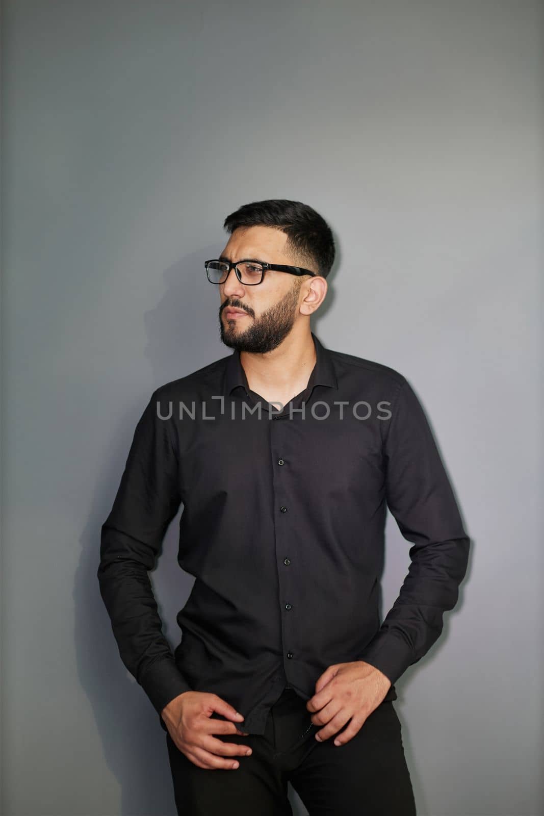 Business Concept - Portrait Handsome Business man holding hands with confident face. White Background