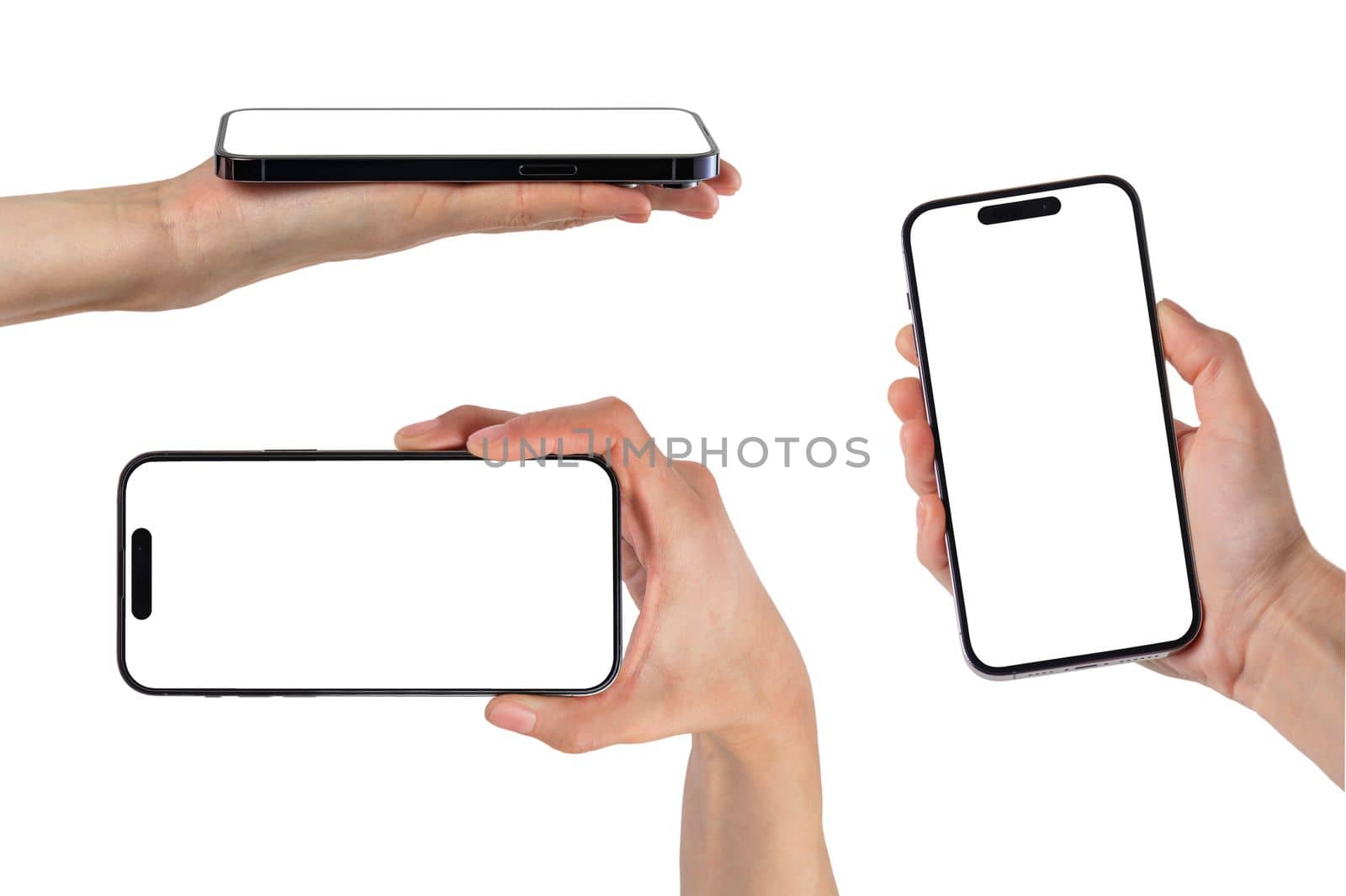 Phone in hand, set. Modern, new phone in hand isolated on white background from different angles. Mockup set, smartphones in hands from different sides to be inserted into the project by SERSOL