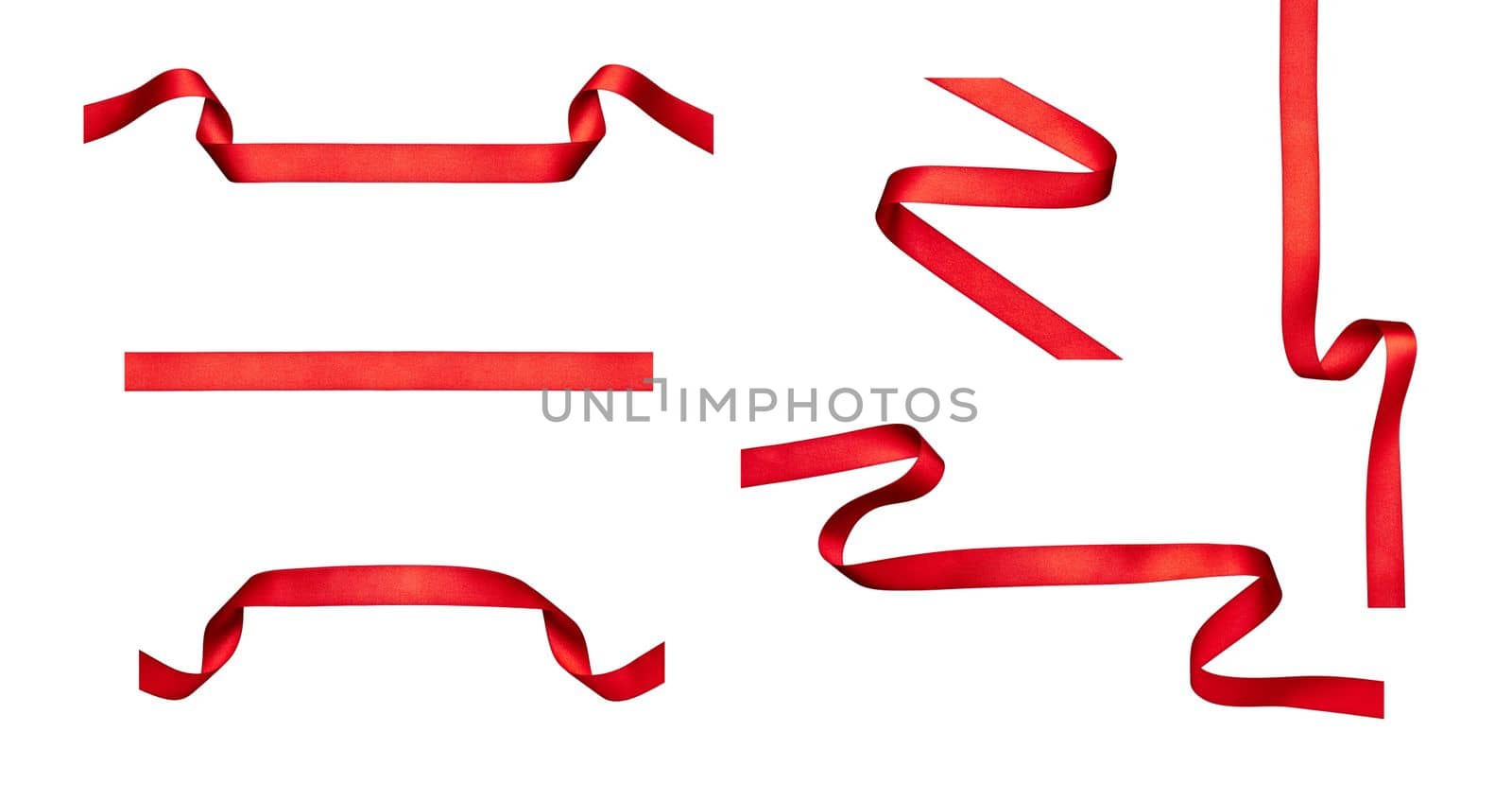 collection of various red ribbon pieces on white background. each one is shot separately