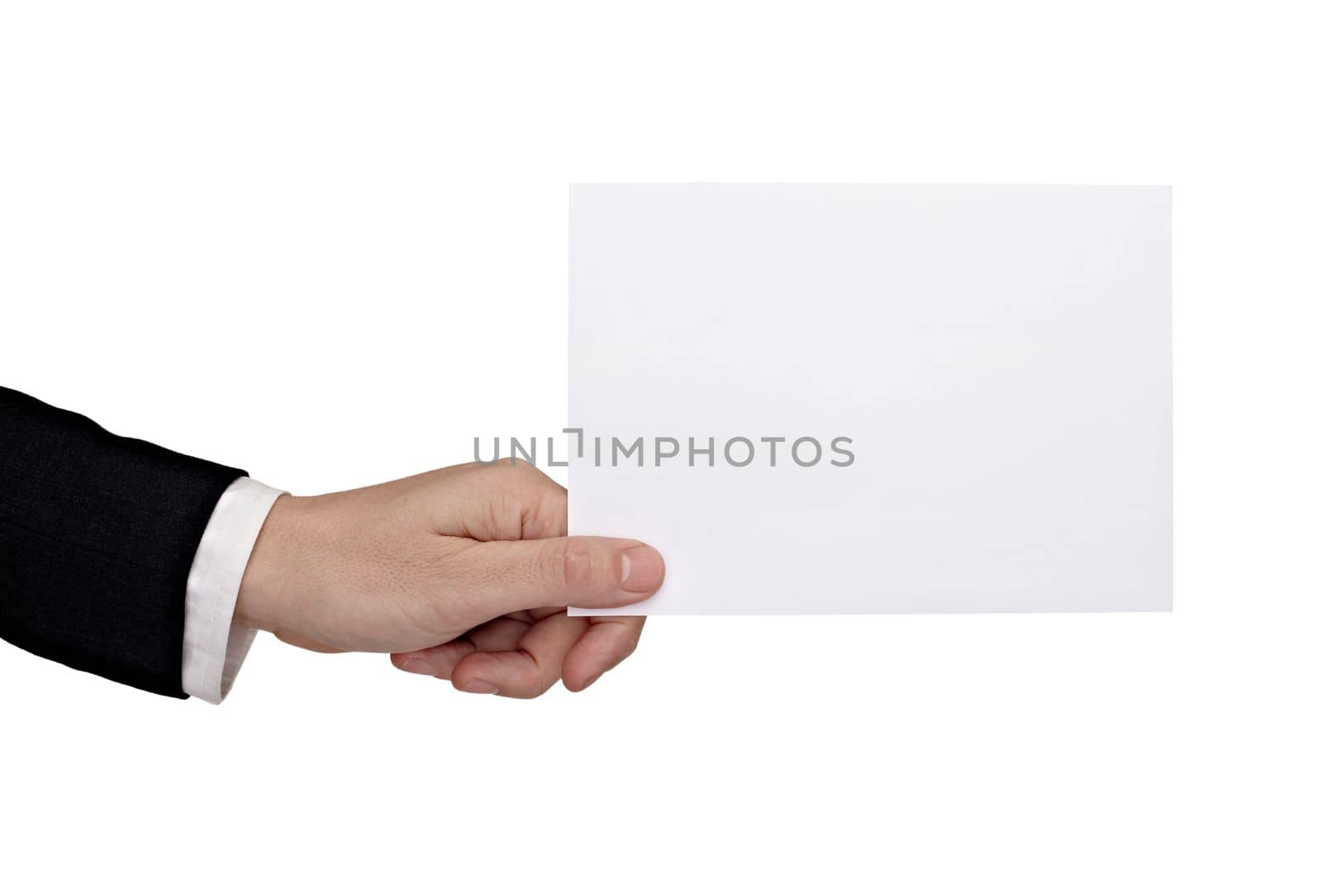 close up of a hand holding a blank sign on white background