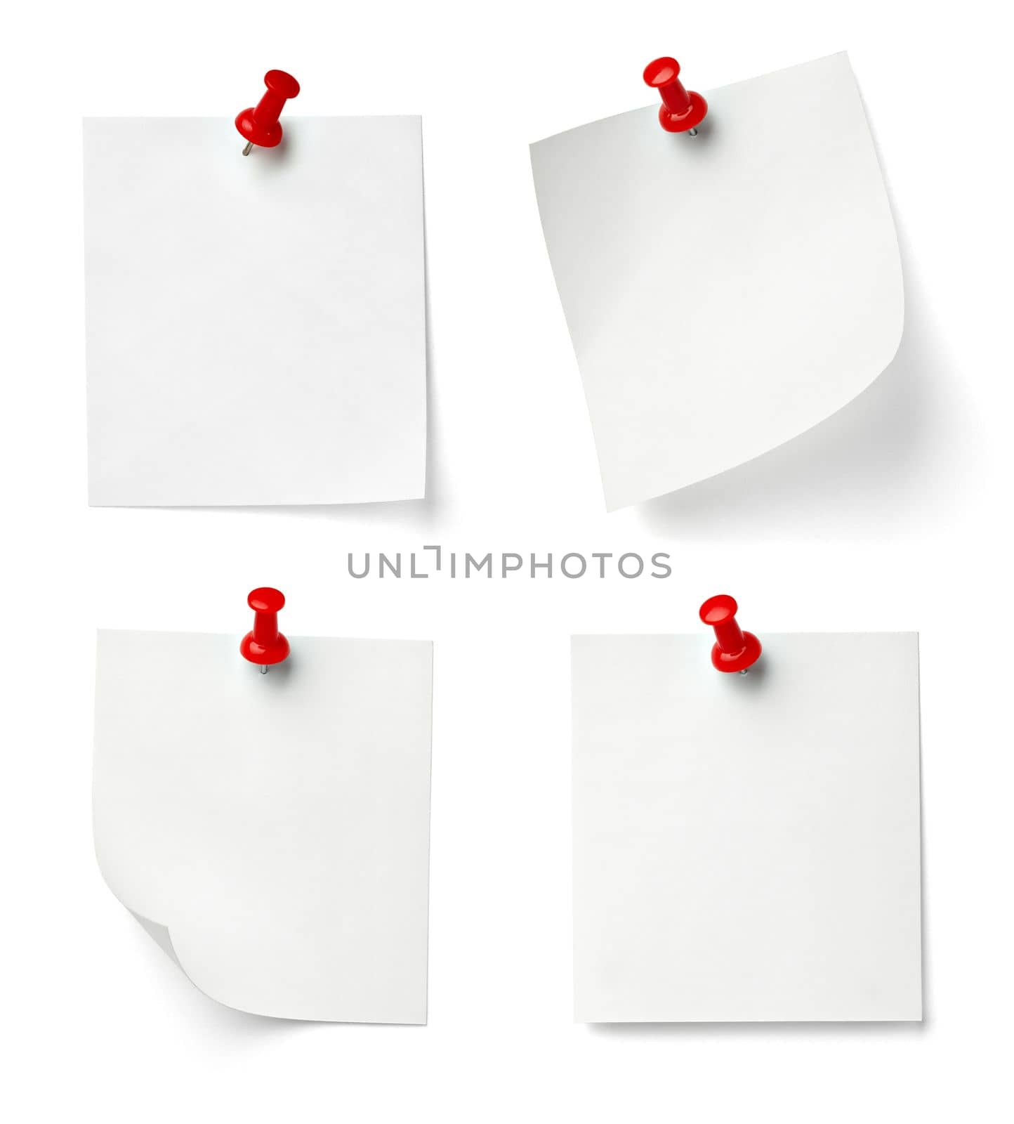 collection of various note paper with a push pin on white background