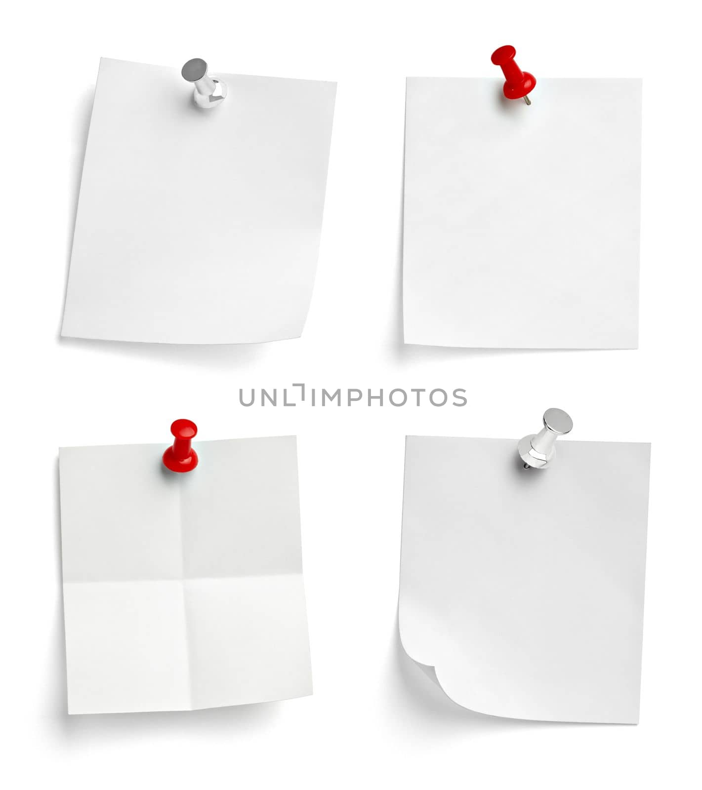 collection of various note paper with a push pin on white background