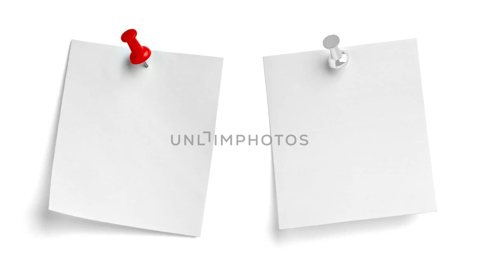 collection of various note paper with a push pin on white background