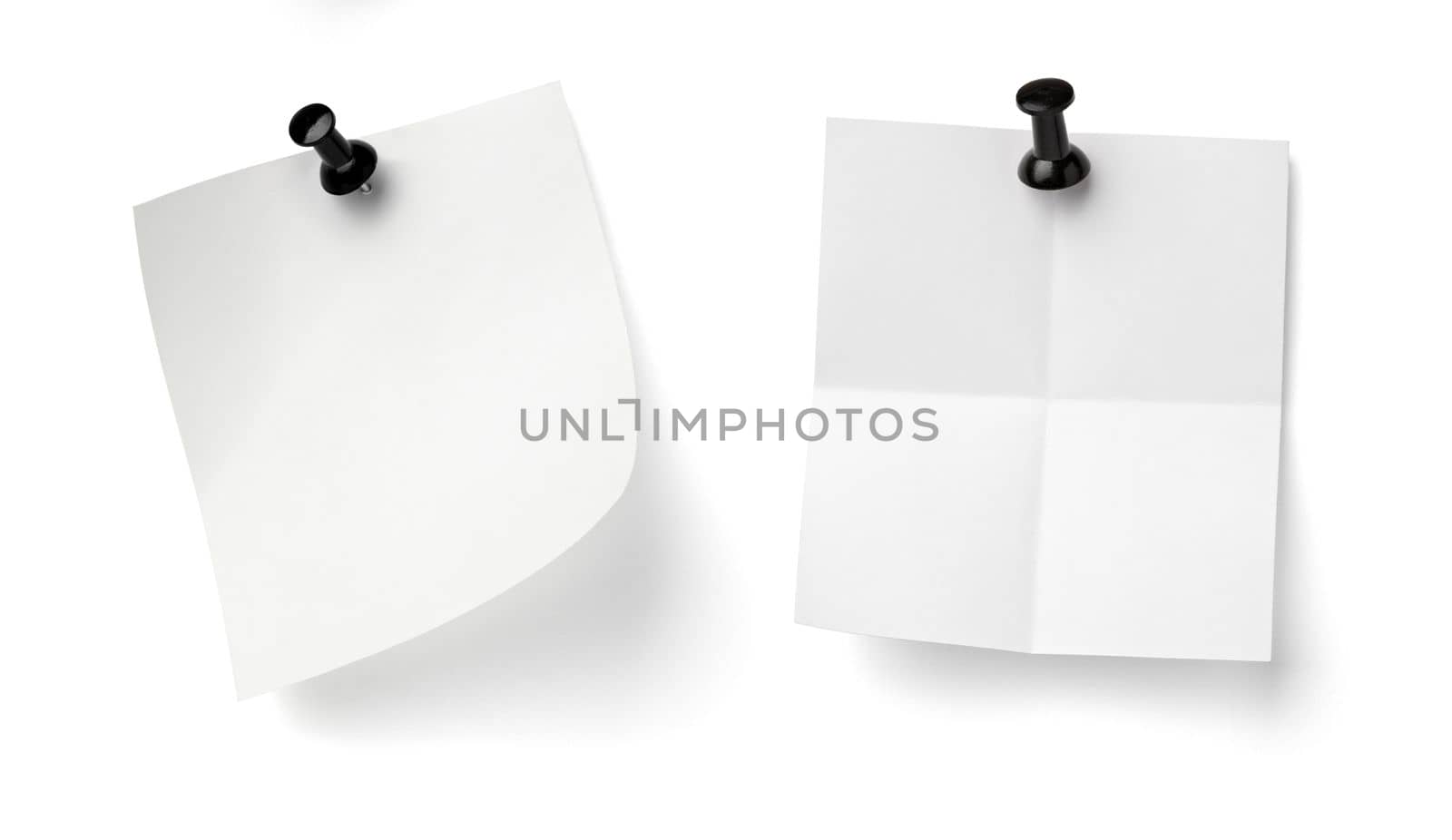 collection of various note paper with a push pin on white background