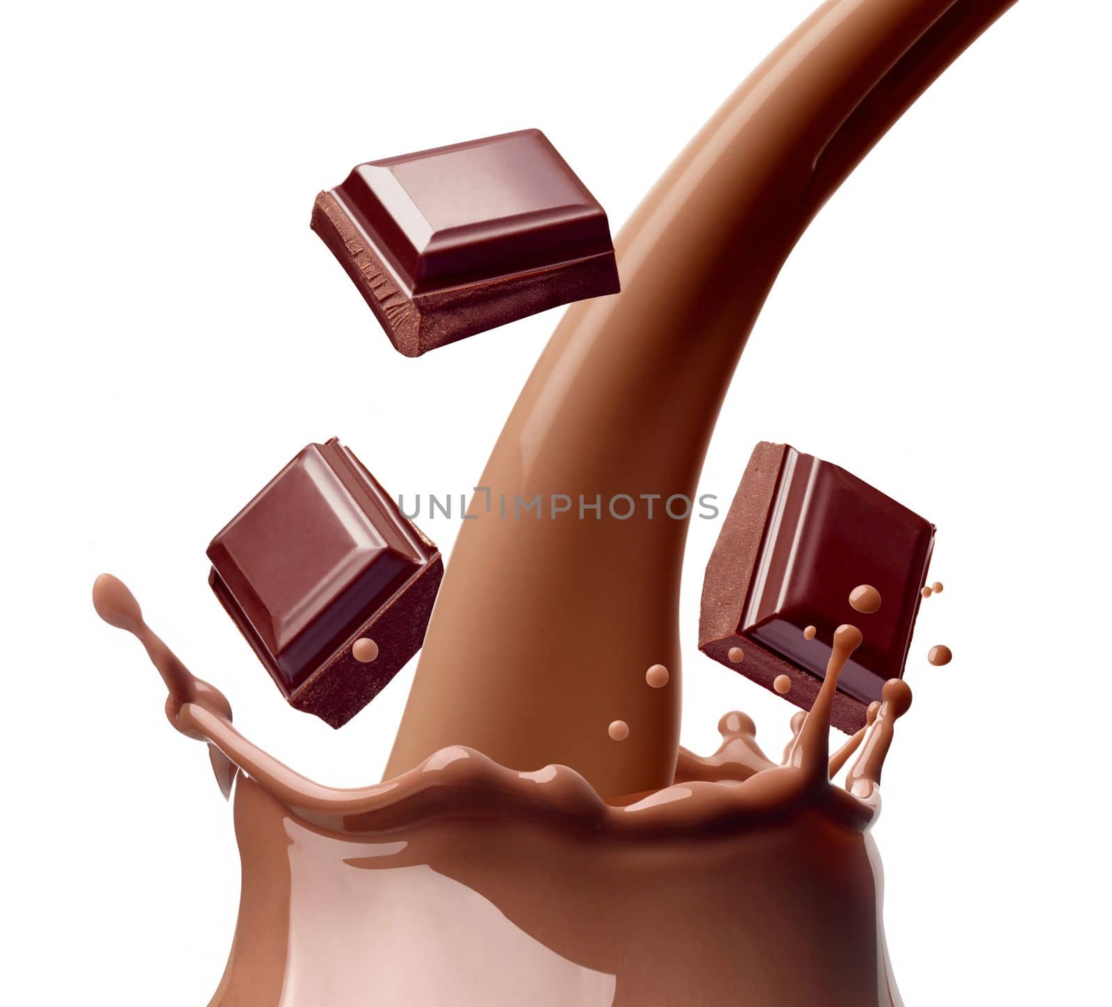 close up of chocolate milk splash and chocolate pieces on white background