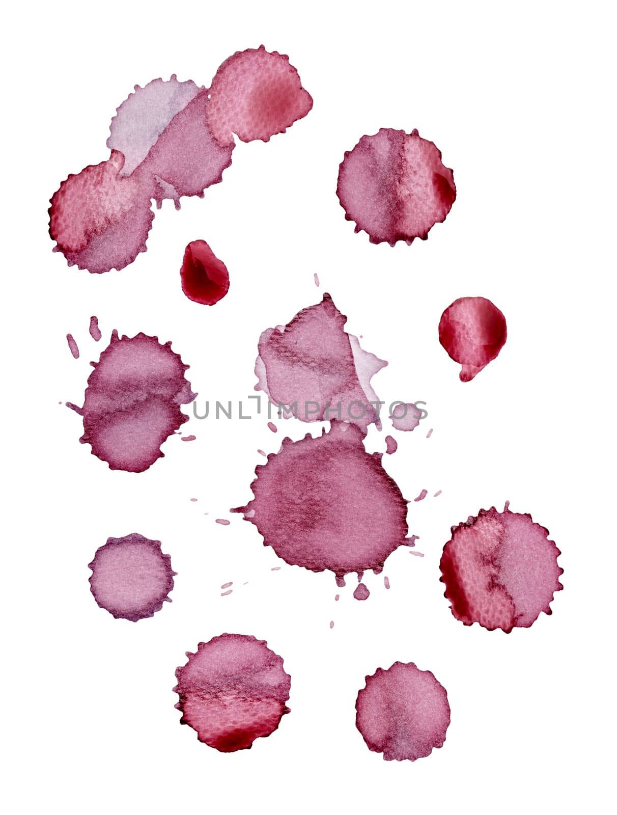 close up of a wine stain on white background