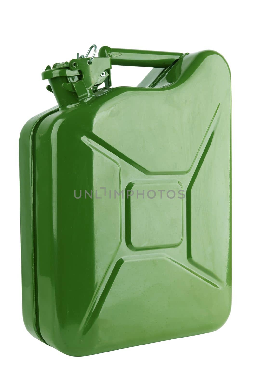 Green metal canister for gasoline on a white background.