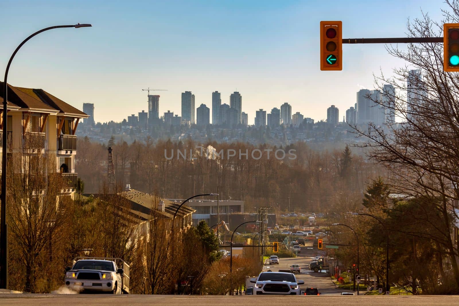 View at Metrotown district in Vancouver, Canada over street space on winter day