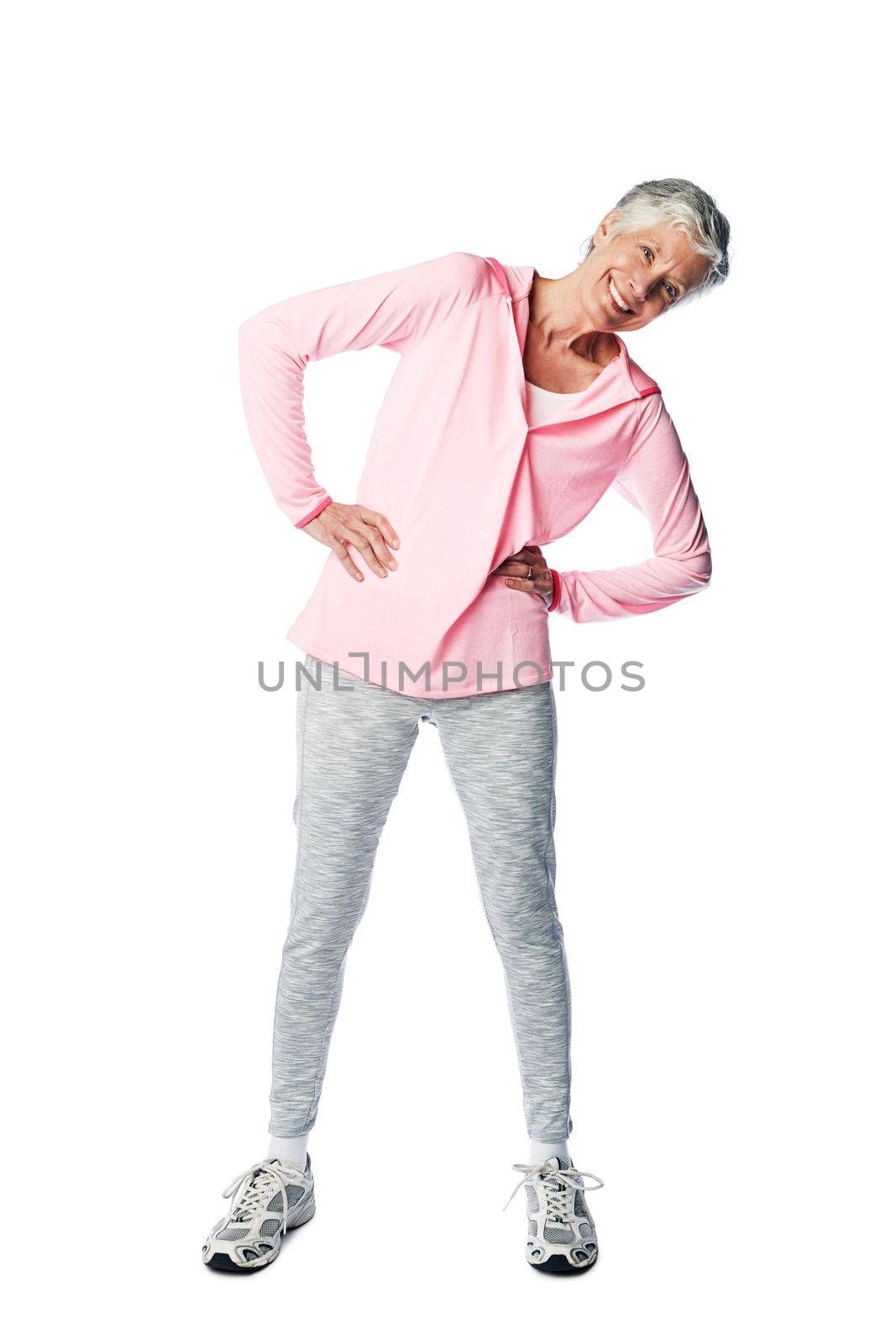 Exercise, fitness and senior woman portrait while stretching for health and wellness in studio. Body of happy and healthy female isolated on a white background for motivation and energy in retirement.