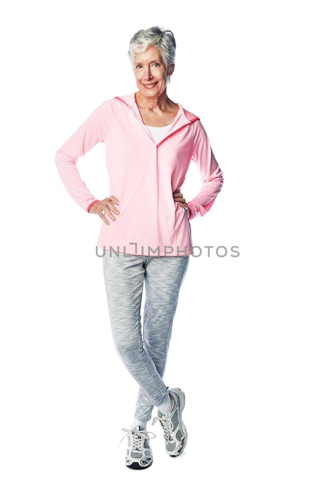 Exercise, fitness and old woman portrait for health and wellness in studio with a healthy lifestyle. Body of happy senior female isolated on a white background for fashion, energy and to lose weight by YuriArcurs