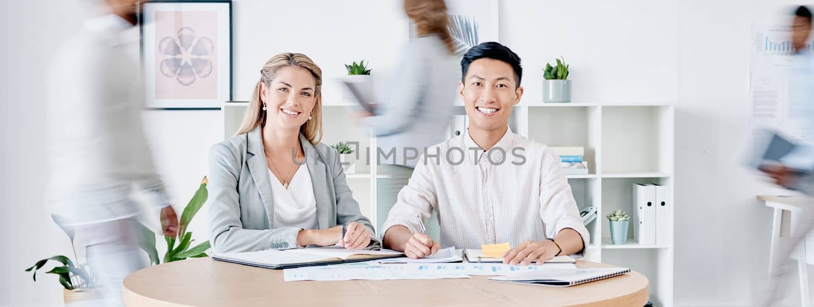 Planning, teamwork and people in busy office portrait for startup management, meeting or collaboration. Business vision, job workflow and manager, boss or diversity partner working in fast workplace.