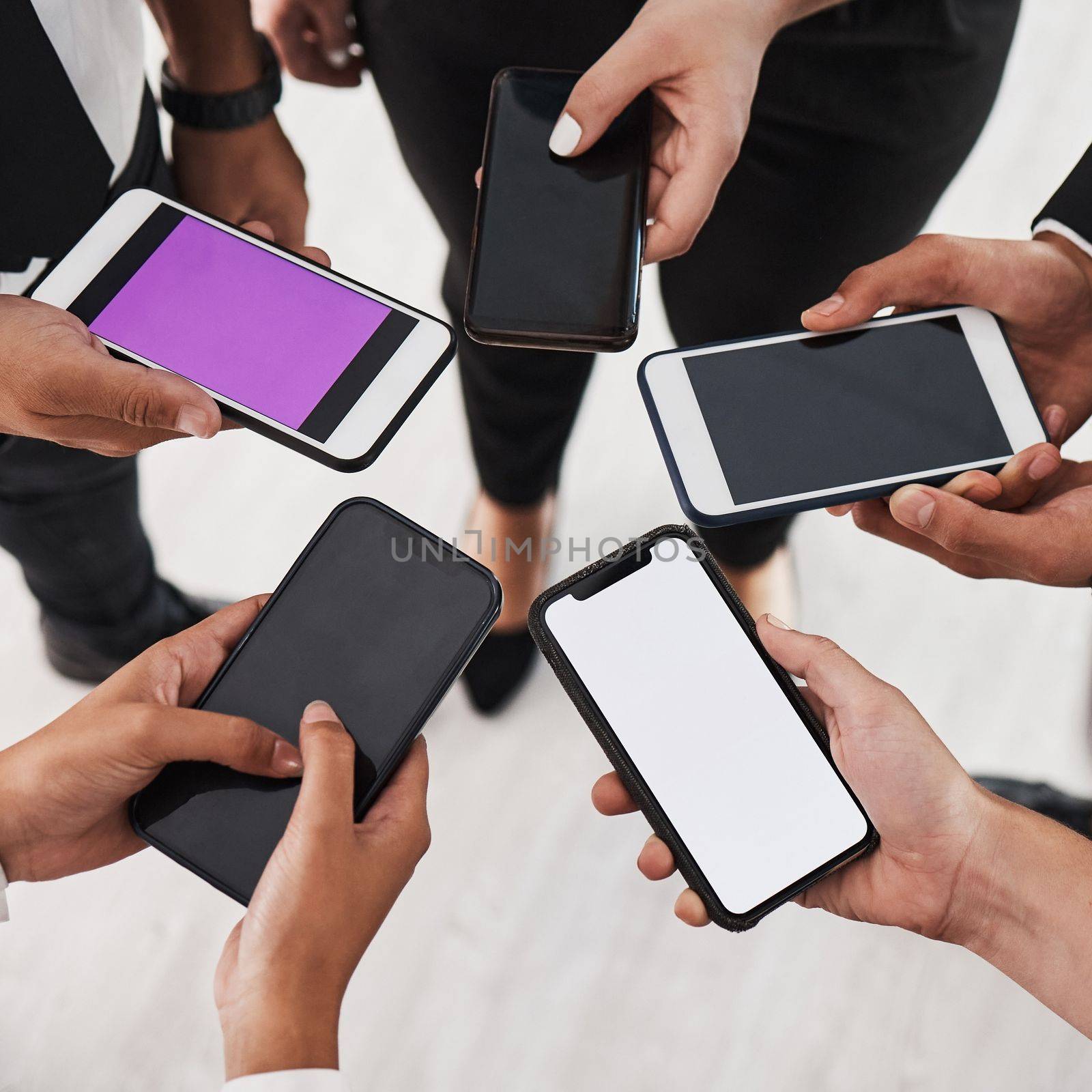 Group of people, hands and phone screen circle for marketing mockup, advertising or online networking. Blank smartphone, business people hand and teamwork digital communication or web tech meeting.