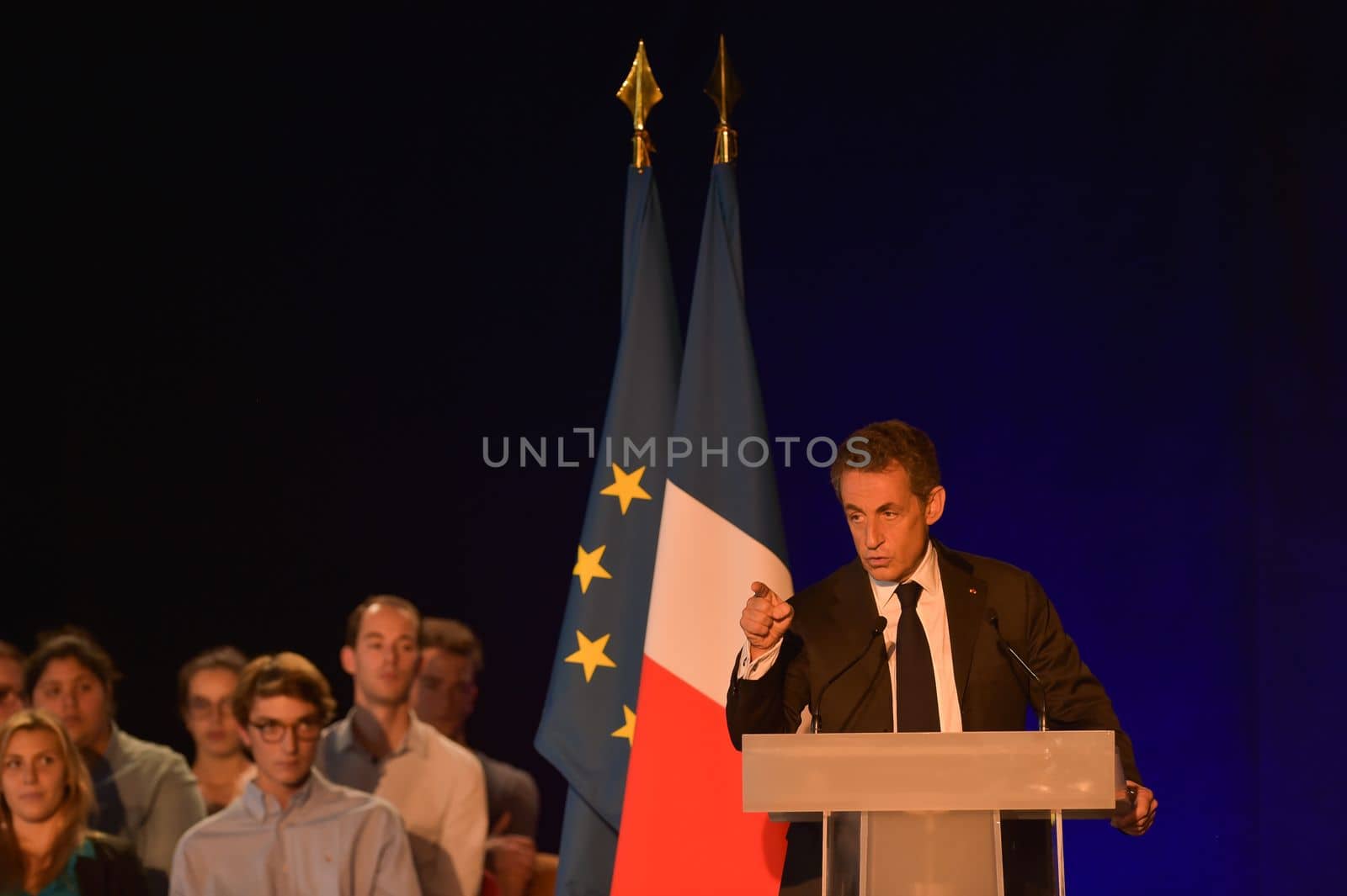 BORDEAUX, FRANCE - NOVEMBER 22, 2014 : Political meeting of the former President of the Republic, Nicolas Sarkozy in Bordeaux with Alain Juppe Mayor of the City. High quality photo