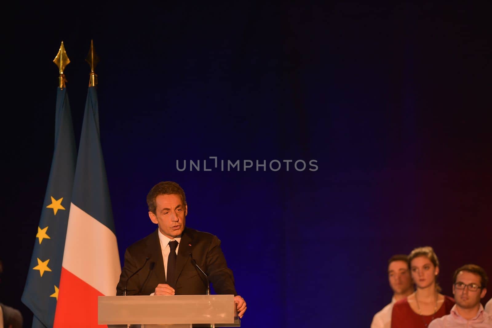 BORDEAUX, FRANCE - NOVEMBER 22, 2014 : Political meeting of the former President of the Republic, Nicolas Sarkozy in Bordeaux with Alain Juppe Mayor of the City. High quality photo