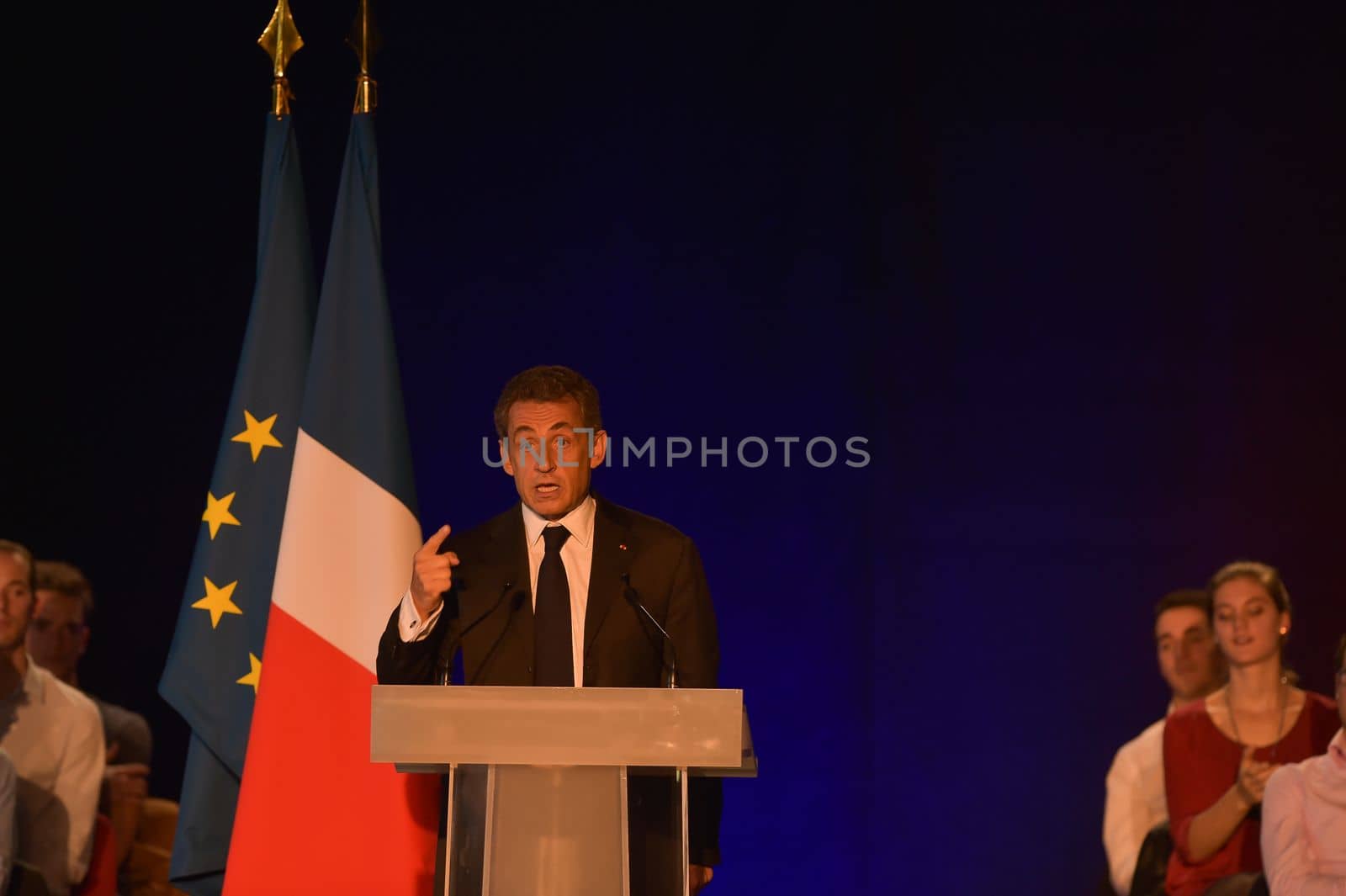 BORDEAUX, FRANCE - NOVEMBER 22, 2014 : Political meeting of the former President of the Republic, Nicolas Sarkozy in Bordeaux with Alain Juppe Mayor of the City. High quality photo