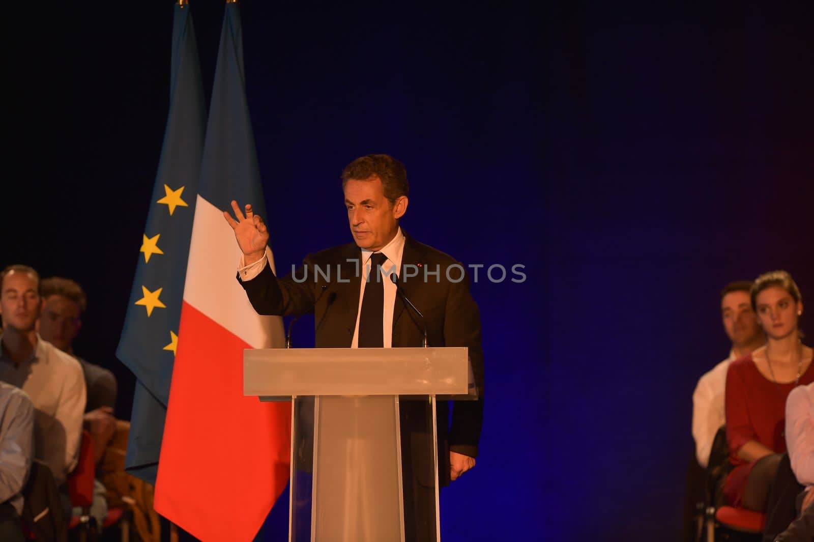 BORDEAUX, FRANCE - NOVEMBER 22, 2014 : Political meeting of the former President of the Republic, Nicolas Sarkozy in Bordeaux with Alain Juppe Mayor of the City. High quality photo