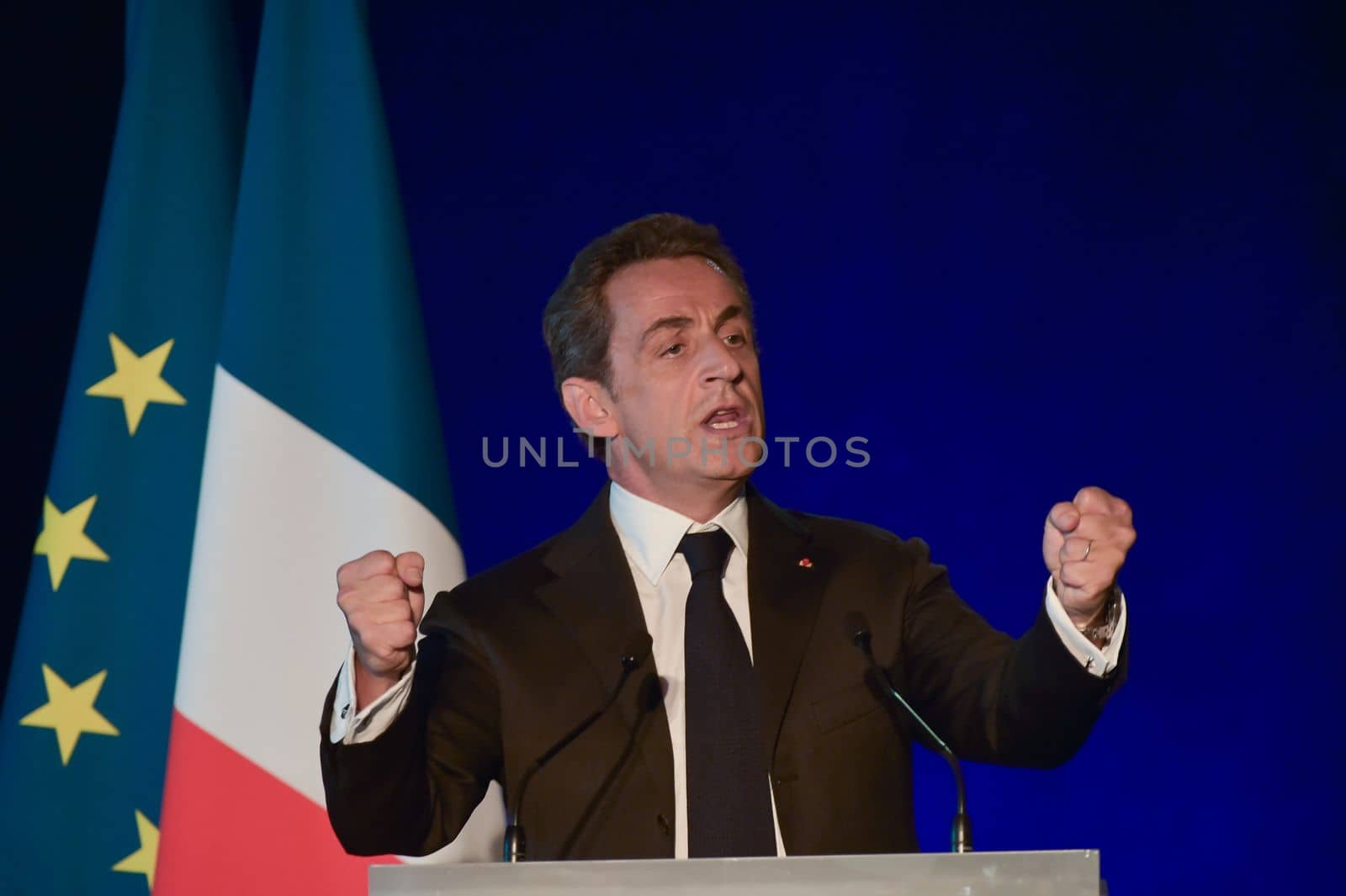 BORDEAUX, FRANCE - NOVEMBER 22, 2014 : Political meeting of the former President of the Republic, Nicolas Sarkozy in Bordeaux with Alain Juppe Mayor of the City. High quality photo