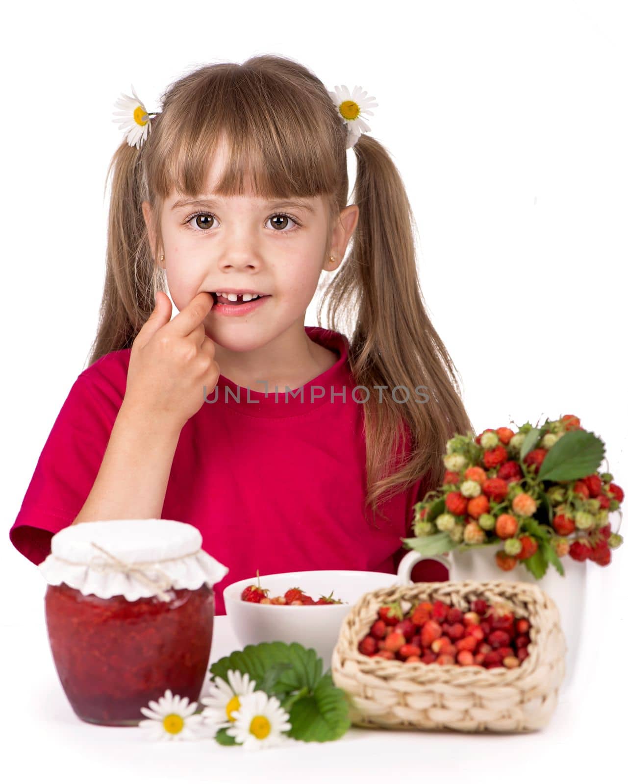 little girl with flowers, strawberries and sweet jam on a white background by aprilphoto