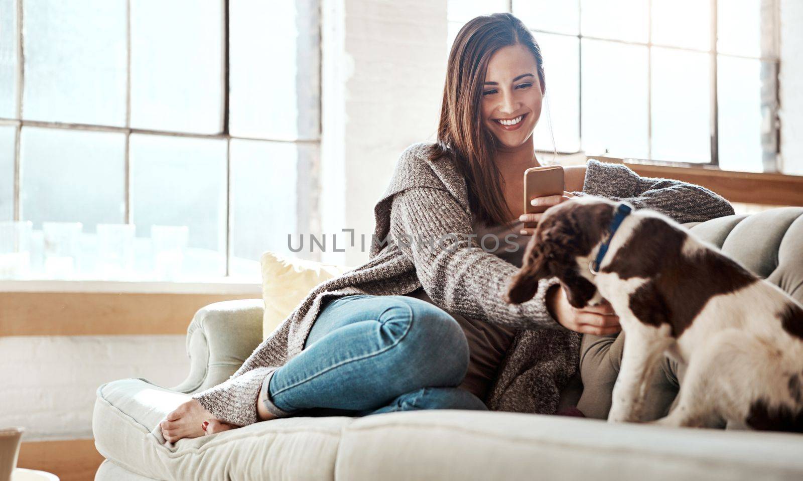 Woman with smartphone, relax with puppy and content at home, happy together and care for pet in living room. Happy woman with dog, scroll social media and love for animals with smile and happiness.