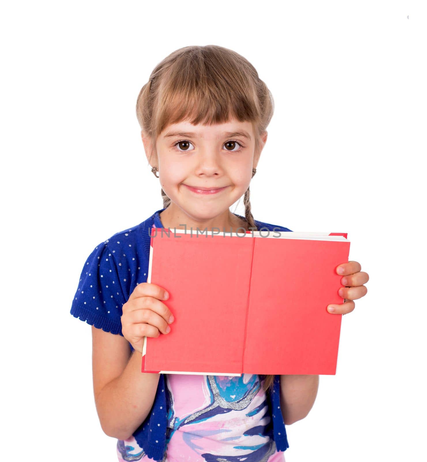 Cute little girl with open books in her hands. Kid with a book. Isolated on the white background by aprilphoto