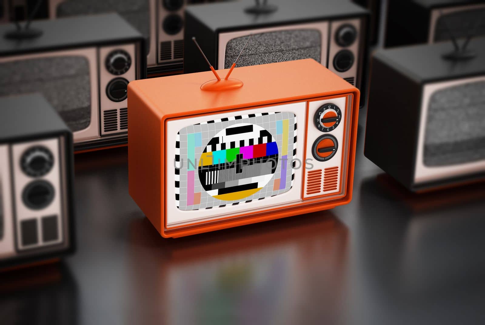Retro orange TV with test screen. 3D illustration by Simsek