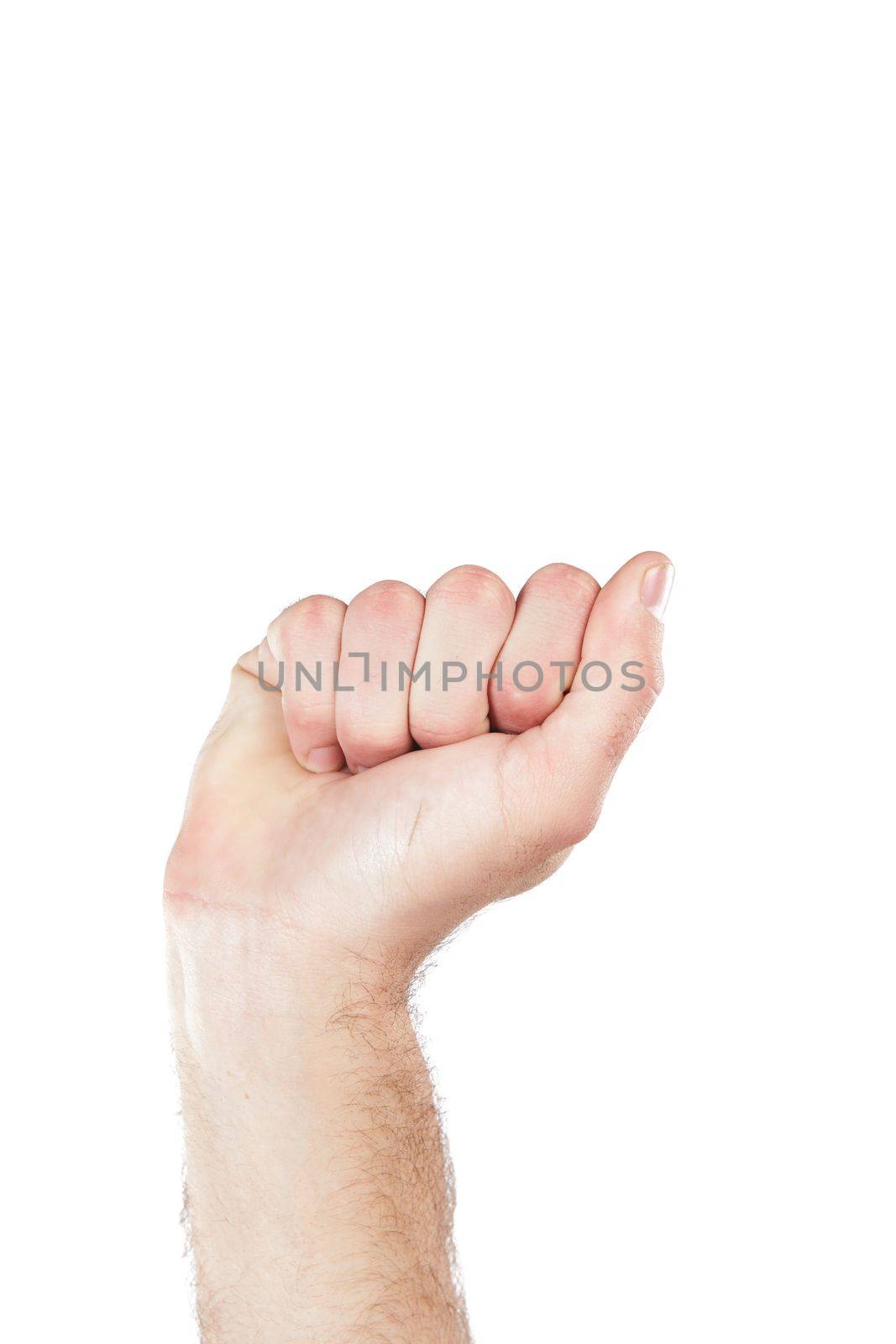 Sign language, fist and hand of a person for communication isolated on a white background in a studio. Zoom, countdown and fingers of a person to show numbers with a hand gesture on a backdrop by YuriArcurs