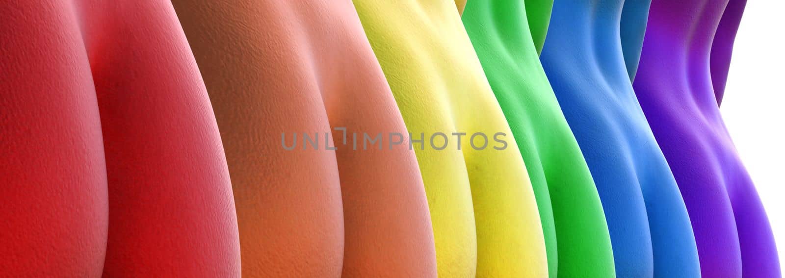 3d illustration. Close-up of multicolored naked female buttocks. Rainbow. metal