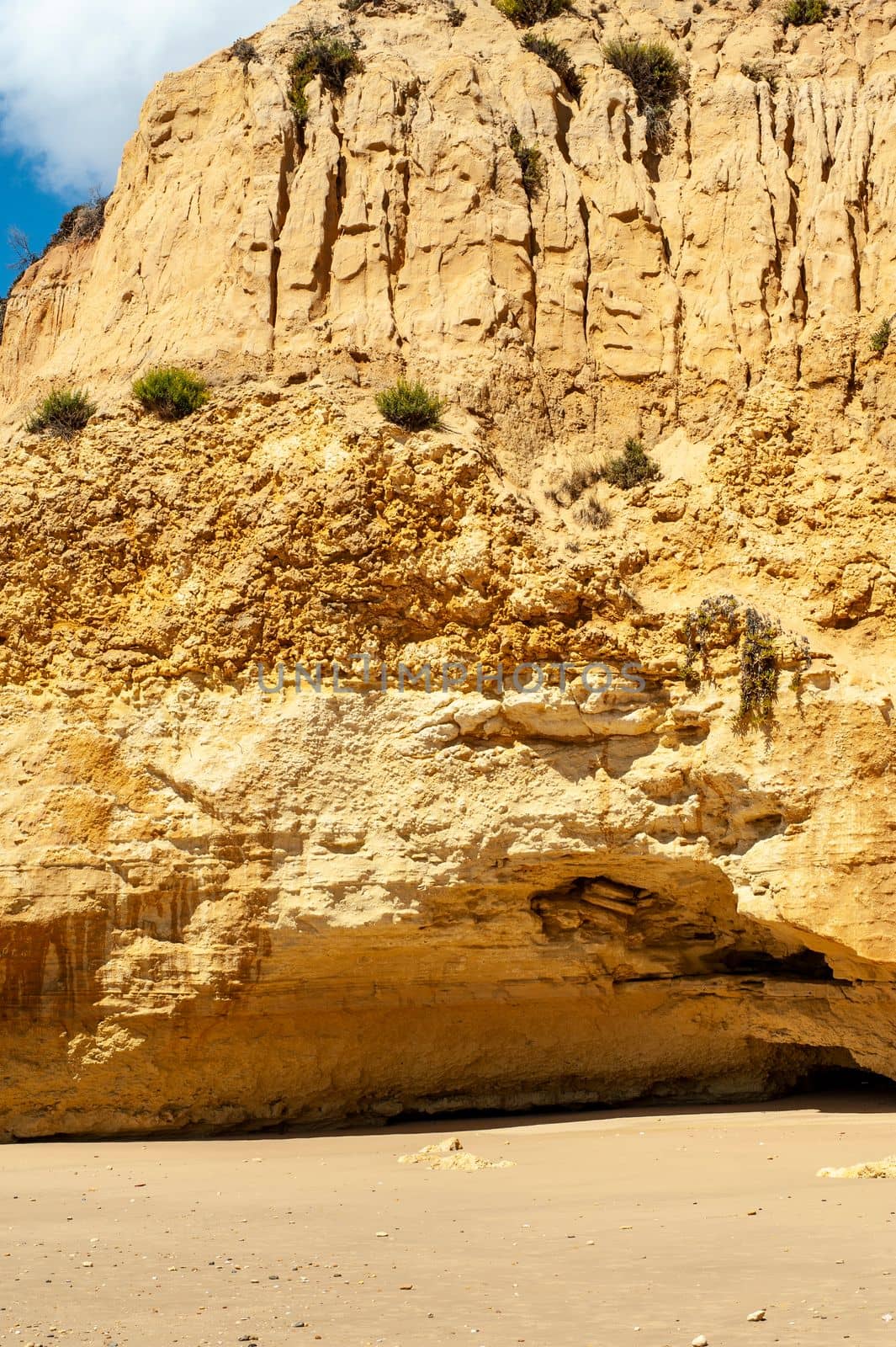 Maria Luisa beach with rock formation in Albufeira, Algarve, Portugal.