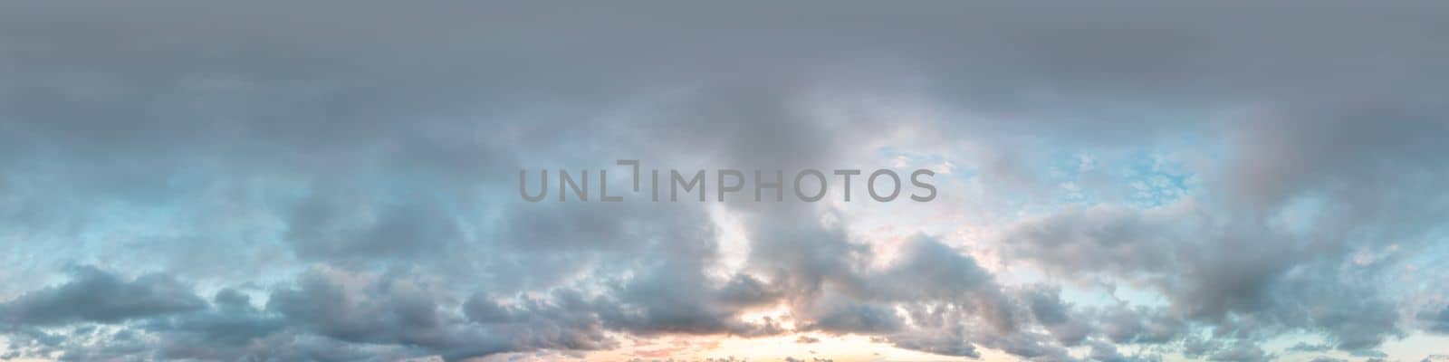 Dark blue sunset sky panorama with pink Cumulus clouds. Seamless hdr 360 pano in spherical equirectangular format. Full zenith for 3D visualization, game, sky replacement for aerial drone panoramas