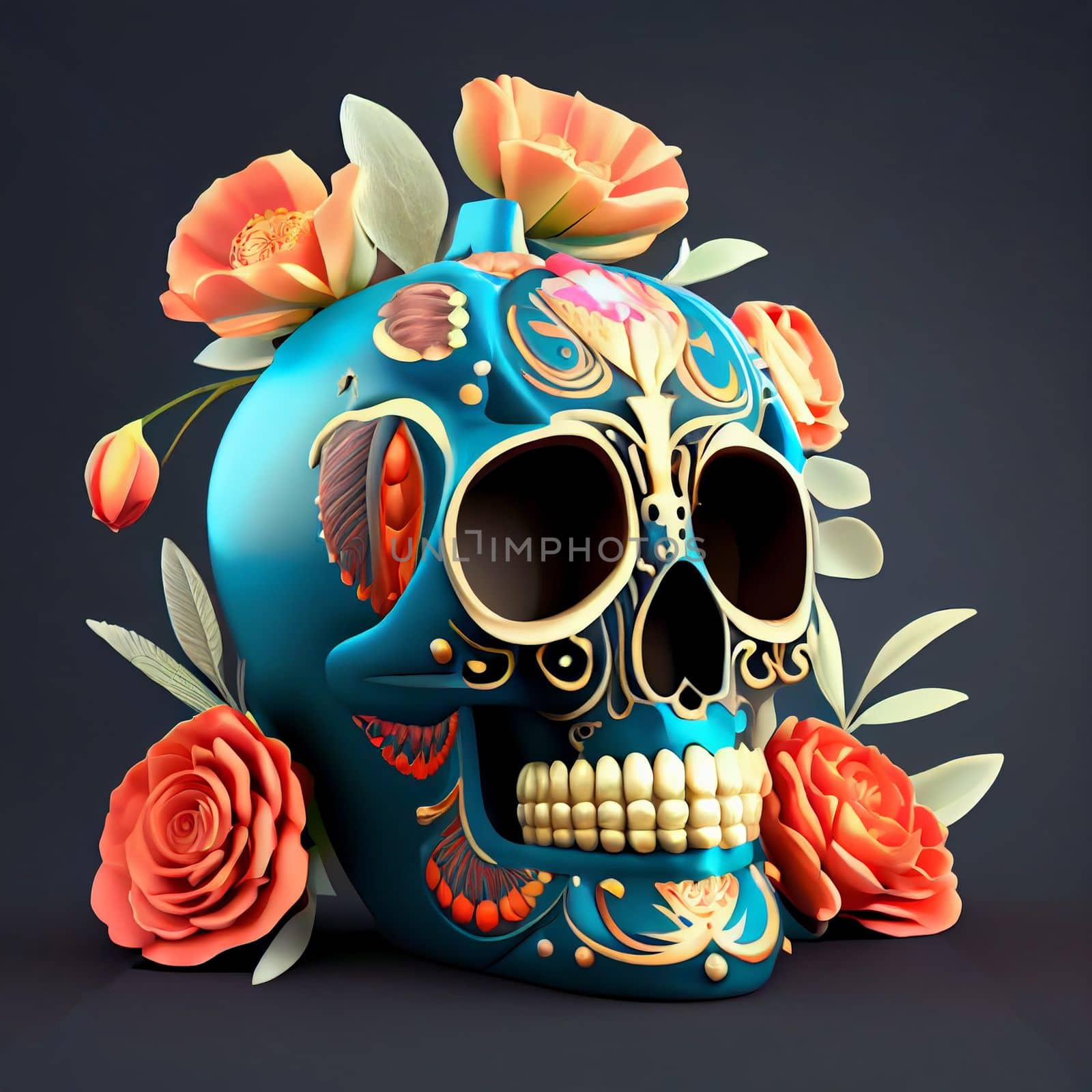 Traditional realistic Calavera, Sugar Skull decorated with flowers. The day of the dead, Dia de los Muertos celebration background. 3D illustration