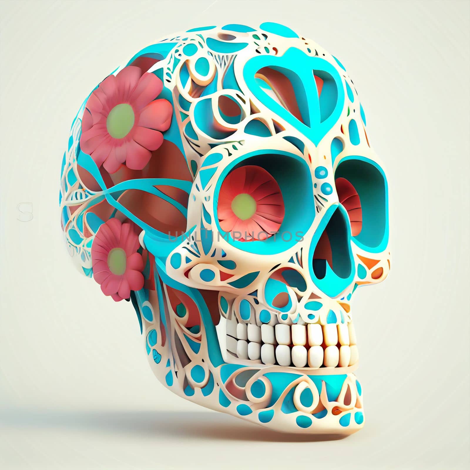 Traditional realistic Calavera, Sugar Skull decorated with flowers. The day of the dead, Dia de los Muertos celebration background. 3D illustration
