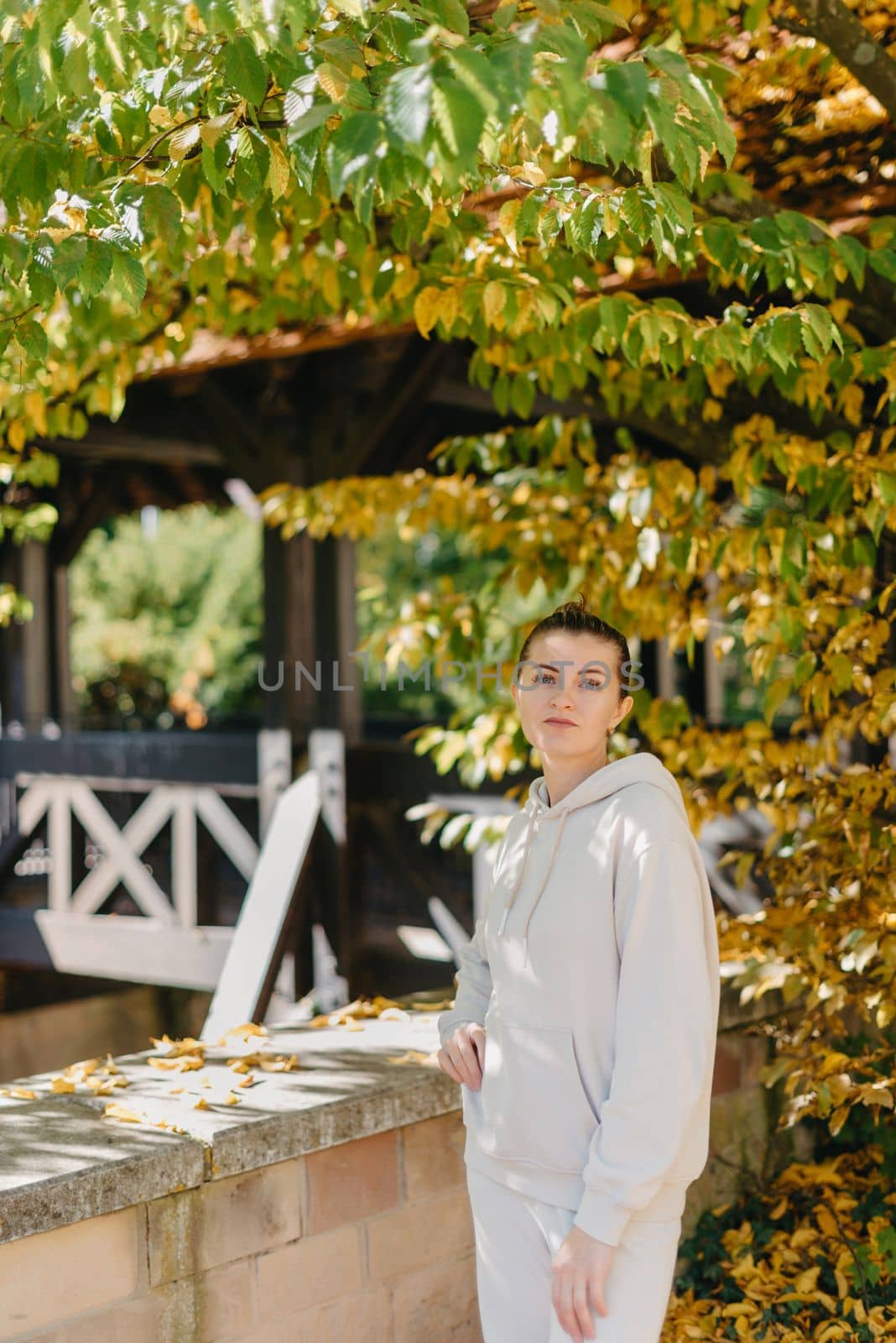 Beautiful elegant woman standing in a park in autumn. autumn yellow leaves. Portrait of joyful woman in park during fall. Happy girl with yellow leaves outdoor. Beauty Romantic Girl Outdoors enjoying nature. Beautiful autumn model with waving glow hair.Sun light on sunset.Warm toned art work. Portrait of romantic female