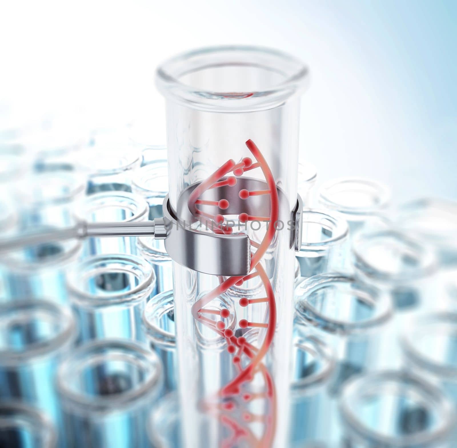 DNA double helix inside test tube. 3D illustration by Simsek
