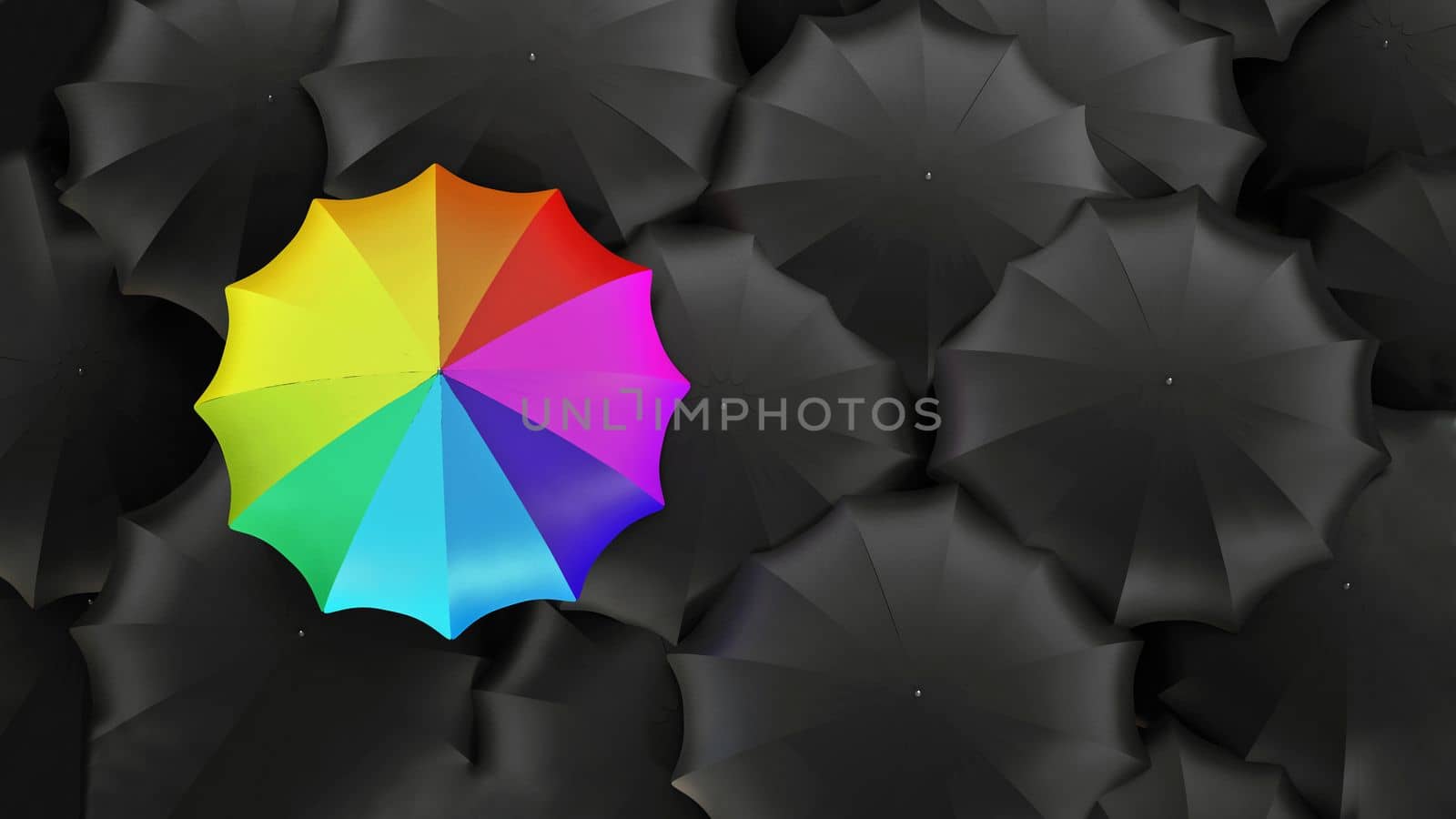 Multi-colored umbrella stands out among black ones. 3D illustration.
