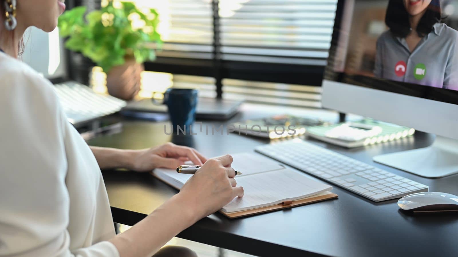 Cropped shot of businesswoman having video conference with divers business colleagues on computer.