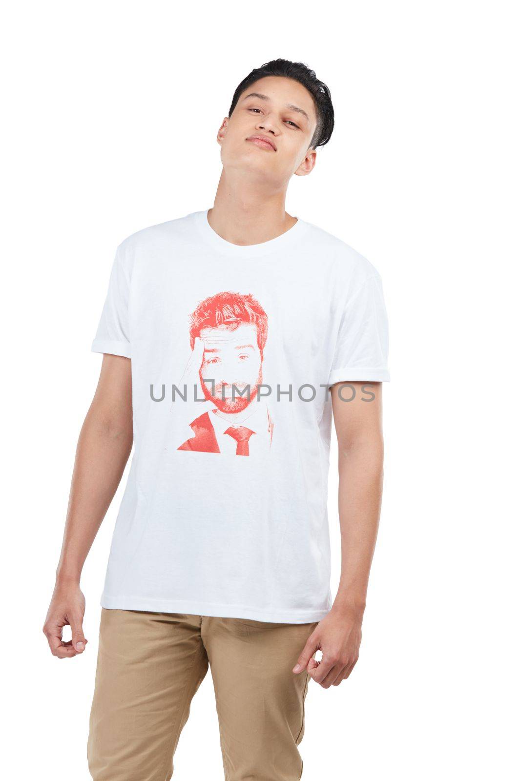 Portrait, fashion and mockup with an asian man in studio isolated on a white background for clothes. Style, casual or mock up with a handsome young male posing in contemporary clothing on blank space.