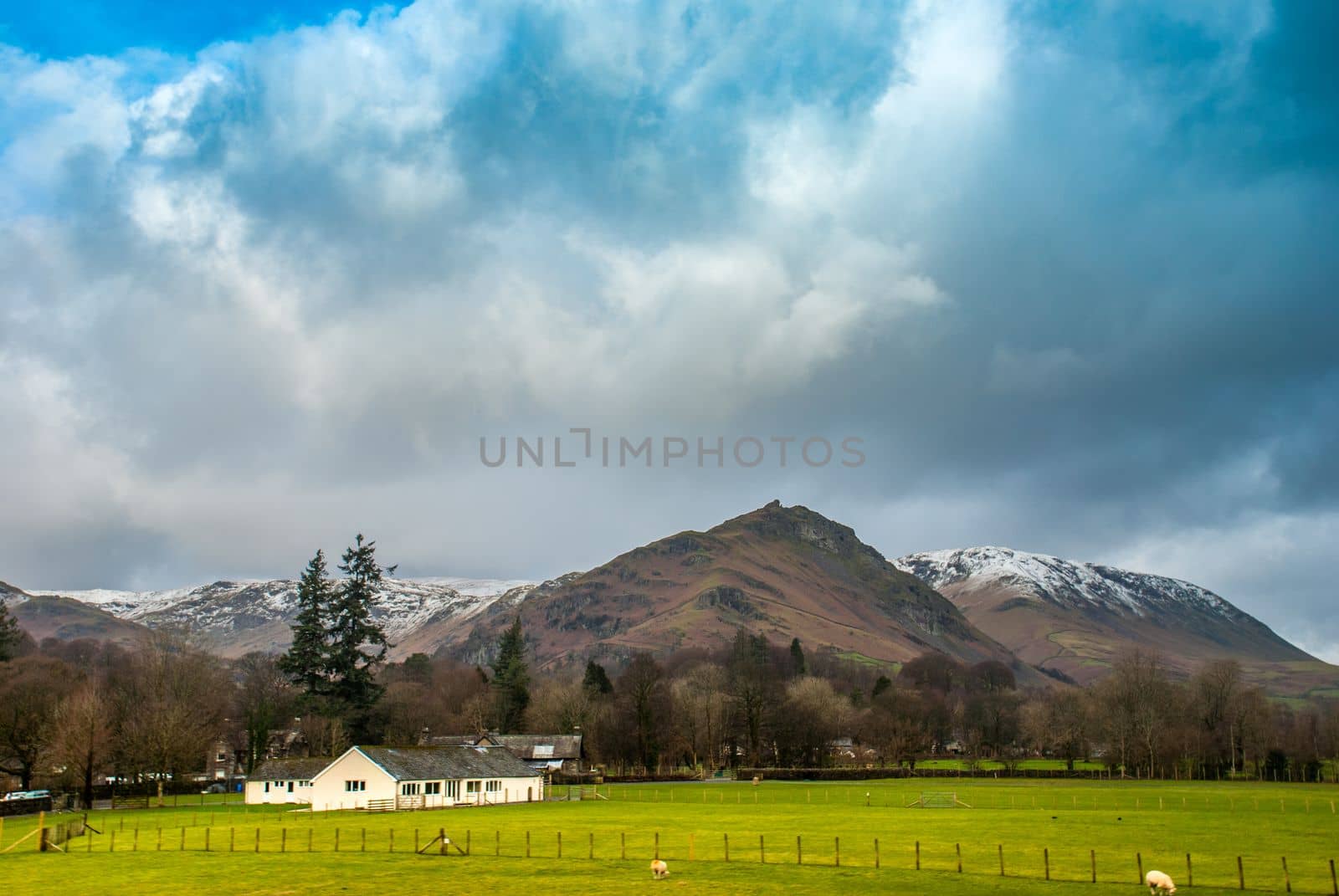 Sheep farm with a mountain backdrop in the Lake District.