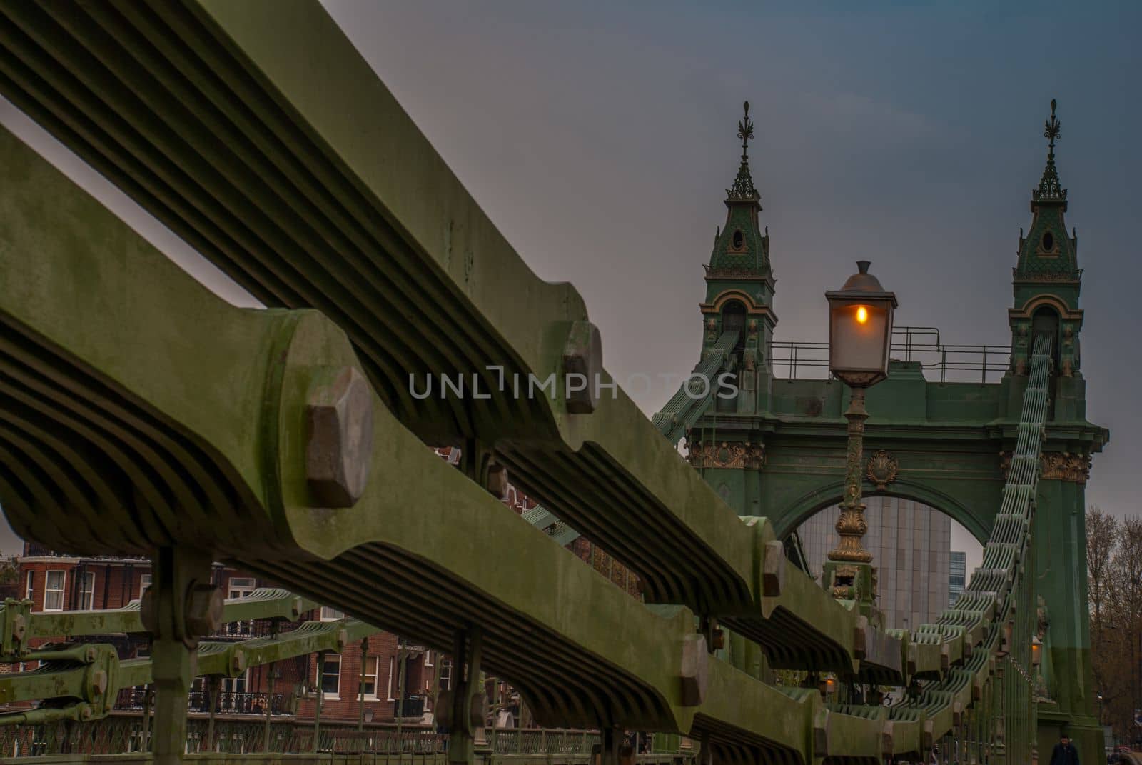 The steel structure of the Hammersmith Bridge in west London. The first suspension bridge over the River Thames from Hammersmith to Barnes