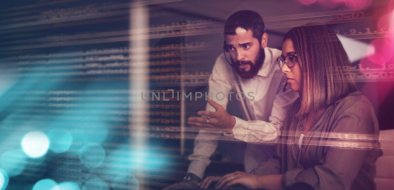 Businessman, woman and overlay in night for planning solution, innovation and mockup space. Information technology, collaboration or coaching with 3D hologram abstract for coding strategy advice by YuriArcurs